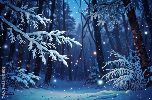 Snowy forest under a magical starry night.