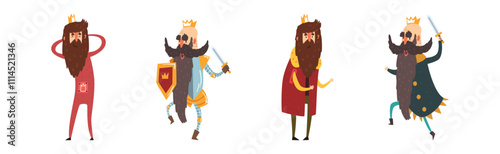 Funny Bearded King Character Emperor in Golden Crown Vector Set