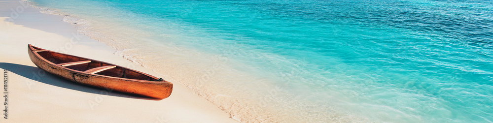 Wooden canoe resting on sandy beach by turquoise water Wooden canoe resting on sandy beach by turquoise water