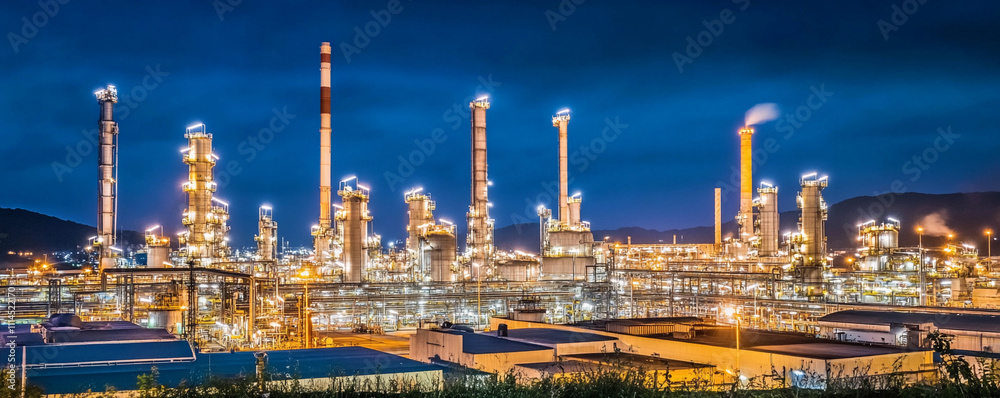Fototapeta premium Industrial facility illuminated at dusk with smoke rising
