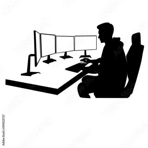 silhouette of a person working on computer with multiple screen monitor, cyber security monitoring