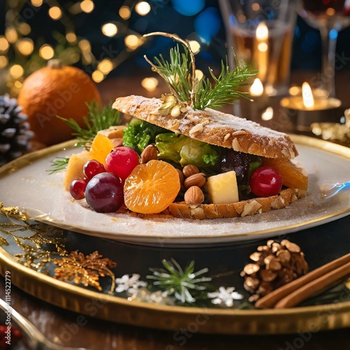 A beautifully plated festive dish featuring slices of gourmet cheese or dessert bread, topped with fresh fruits like grapes, berries, and a garnish of orange slices. The presentation includes a drizzl photo