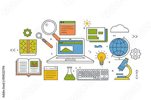 Flat design graphic illustration of interconnected technology and education elements