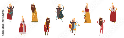 Funny Bearded King Character Emperor in Golden Crown Vector Set