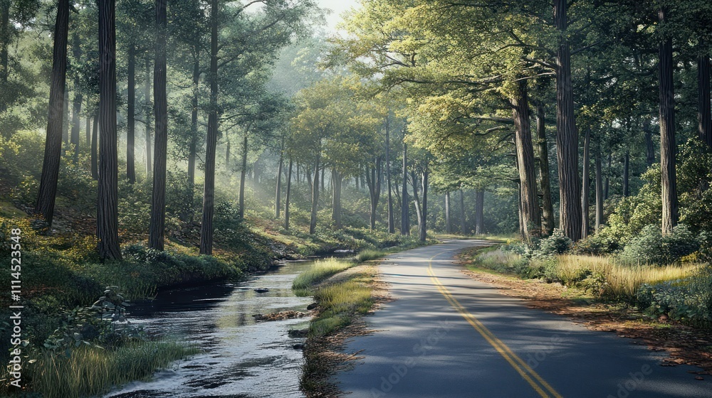 Obraz premium The asphalt road is lined with tall trees and a fast flowing river flows beside it, background wallpaper AI generated image