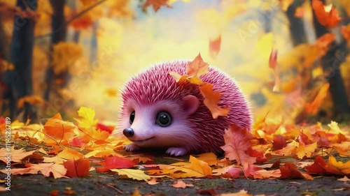 Cute cartoon hedgehog sitting in a colorful autumn forest scene