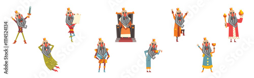 Funny Bearded King Character Emperor in Golden Crown Vector Set
