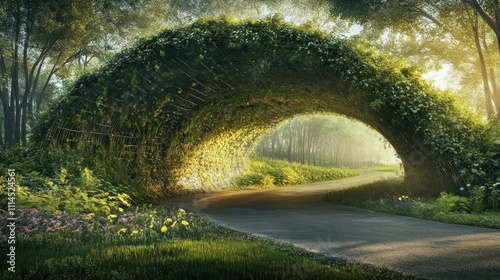 Fototapeta Naklejka Na Ścianę i Meble -  Asphalt road through green forest with grass plants Green canopy arching over the road, background wallpaper AI generated image