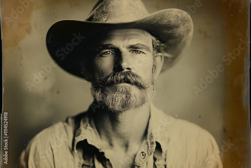 Antique tintype photograph of a gold miner from the 1900s, wearing a hat, black and white, old, retro photo