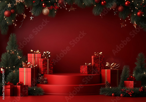 Podium mockup with Christmas decorations and gift box decorationsa red background,  photo