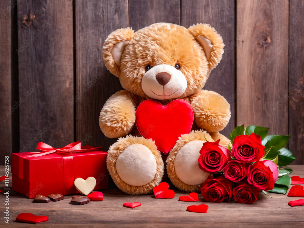 Obraz premium Romantic Valentine's Day Teddy Bear, Roses, and Chocolate Gift