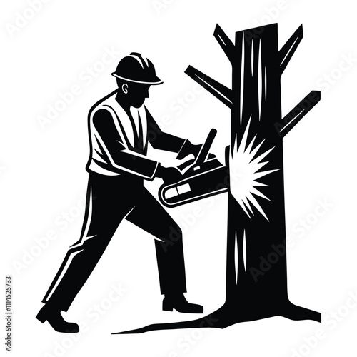 a black and white illustration of a man using a chainsaw to cut down a tree
