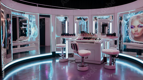 The makeup station is a sleek, high-tech setup designed for the modern user, featuring a minimalist, futuristic aesthetic. A large, smooth table with reflective metallic surfaces serves as the centerp photo