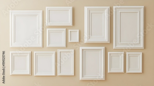 A gallery wall in a living room featuring multiple blank white frames of varying sizes, arranged symmetrically on a soft beige wall.