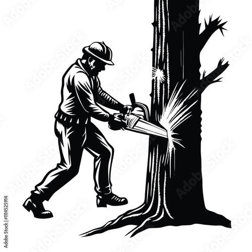 a black and white illustration of a man using a chainsaw to cut down a tree