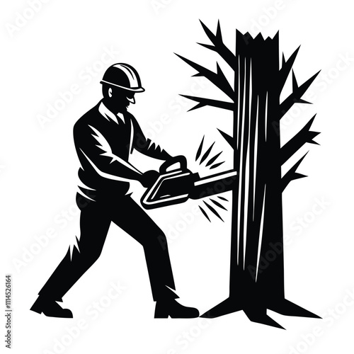 a black and white illustration of a man using a chainsaw to cut down a tree
