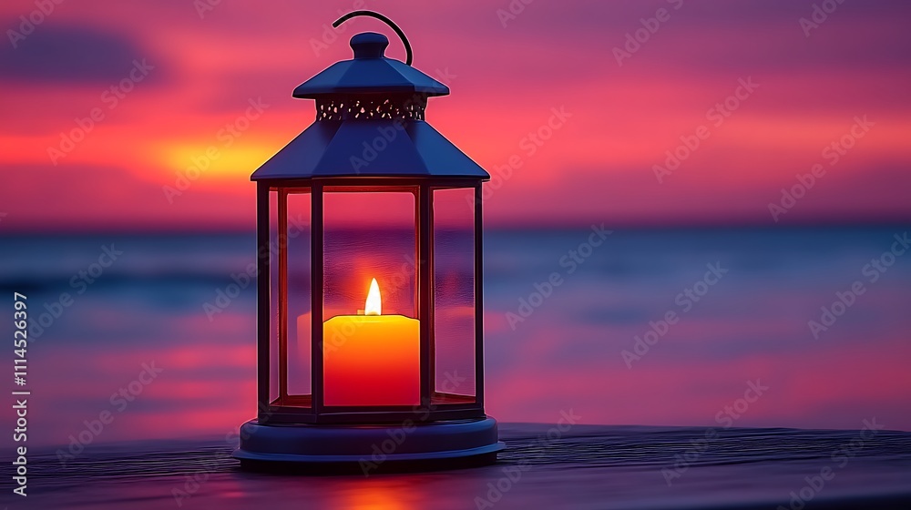 Lit Lantern at Sunset Over Ocean Waves Lit Lantern at Sunset Over Ocean Waves