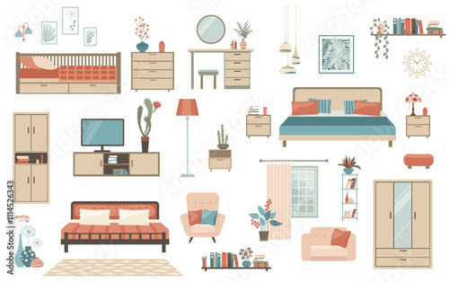 Furniture collection for modern home badroom interior design.