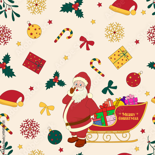 Festive Christmas Seamless Pattern with Santa ,Sleigh, Stars, Ornaments, Gifts, and Wrapping photo