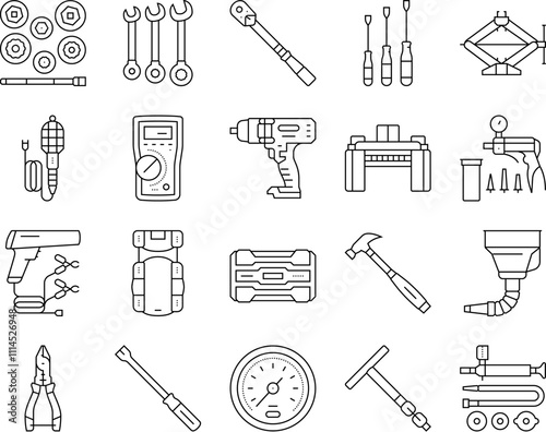 car repair tools wrench icons set vector. socket ratchet, pliers jack, lift screwdriver, multimeter, compressor, torque car repair tools wrench black contour illustrations