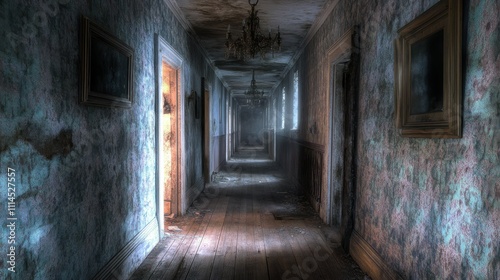 Long dark corridor of an abandoned haunted house with peeling wallpaper and creaking wooden floors background AI generated image