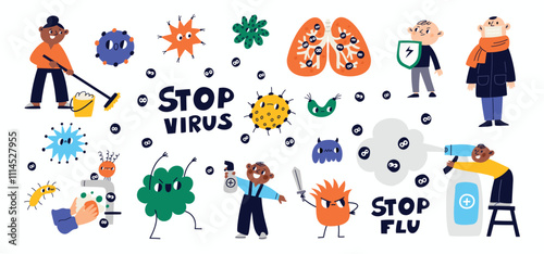 Protection and prevention against viruses and bacteria in the cold season. Stop flu cartoon characters illustration. Health care against seasonal virus, flat vector
