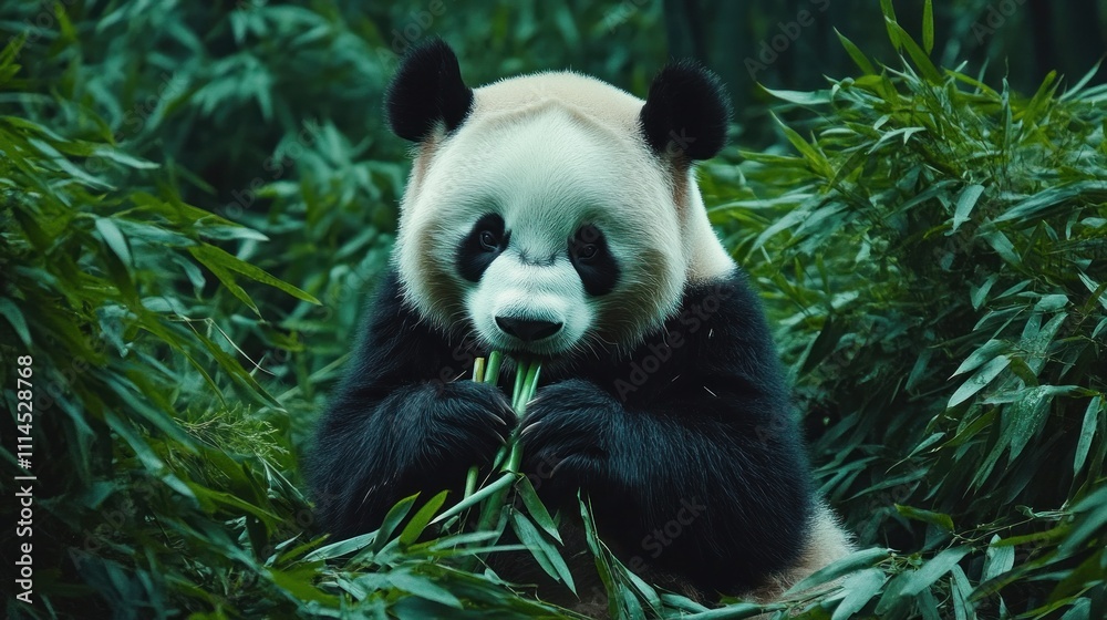 Fototapeta premium Panda Enjoying a Bamboo Feast in Lush Greenery