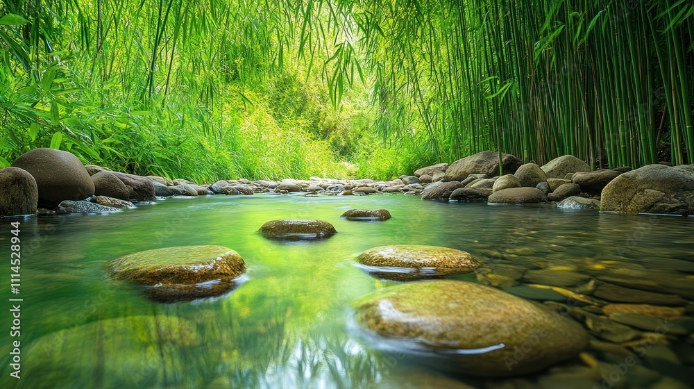 Fototapeta premium A calm stream flows through a grove of green bamboo. Smooth stones lie in the water background wallpaper AI generated image