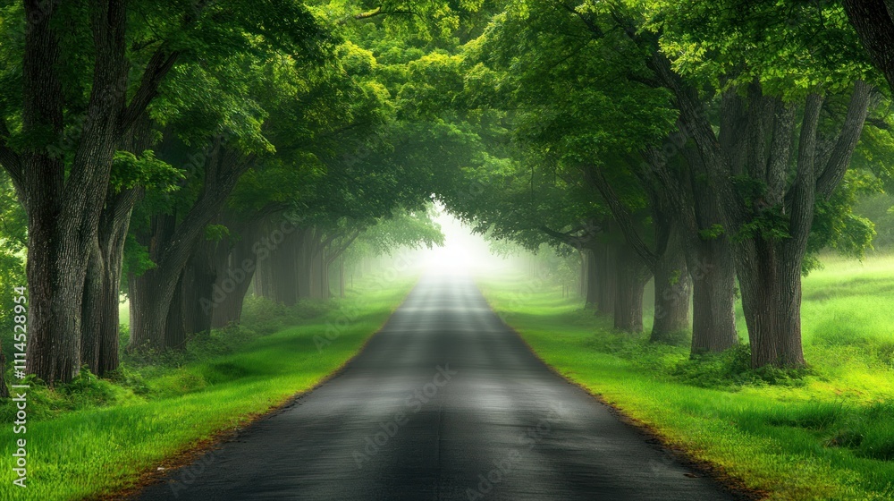 Fototapeta premium A perfectly straight asphalt road stretches out surrounded by towering green trees, background wallpaper AI generated image