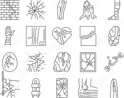 fracture bone break injury icons set vector. healing cast, splint pain, trauma orthopedic ray, diagnosis, treatment, recovery fracture bone break injury black contour illustrations