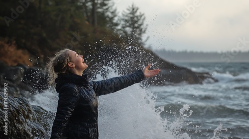 Woman Joyfully Embraces Ocean Waves Spray