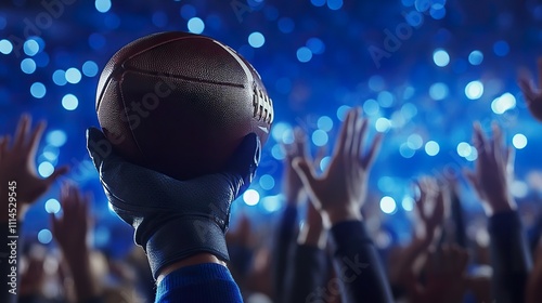 A football being held aloft in celebration after a touchdown, with fans cheering in the background. photo