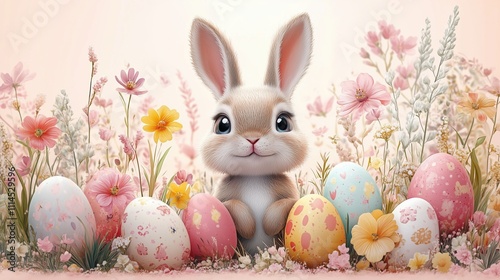 Cute Bunny Surrounded by Colorful Eggs