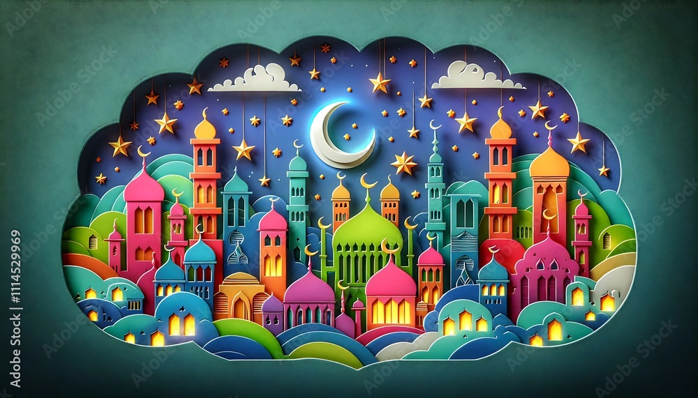Obraz premium Colorful Cityscape Under a Night Sky with Crescent Moon