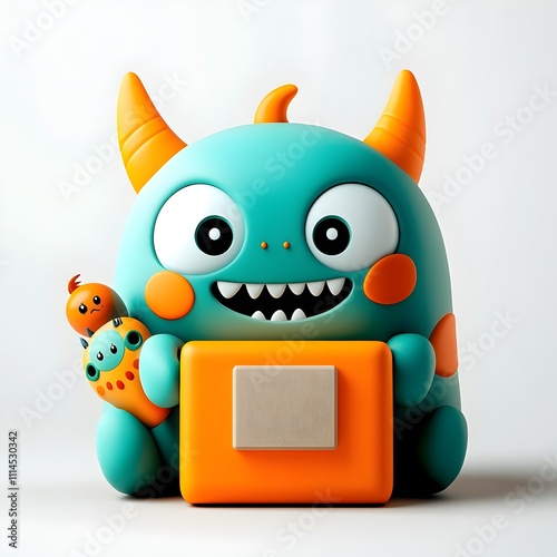 Captivating 3D animated creature with an endearing playful demeanor clutching a basic square cardboard container prime for kid centric merchandise staged against a pure white environment with soft photo