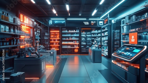 Futuristic neon-lit convenience store interior with digital displays and shelves stocked with various products.