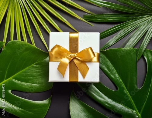 A stylish white gift box with a golden ribbon bow, placed on a gray background surrounded by tropical green palm and monstera leaves. The scene is elegant, minimalistic, and ideal for themes like luxu photo