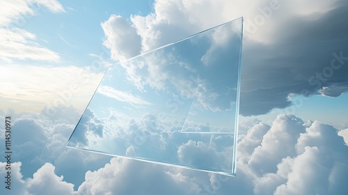 A surreal, transparent glass panel floating among fluffy clouds, reflecting the serene blue sky. photo