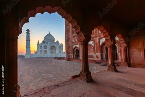 View over the Taj Mahal at the sunrise in Agra, India photo