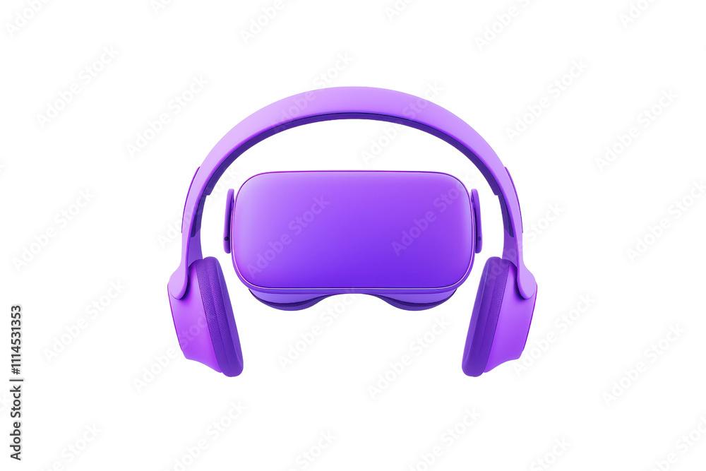 A sleek purple virtual reality headset with attached headphones, designed for immersive gaming and digital experiences. A sleek purple virtual reality headset with attached headphones, designed for immersive gaming and digital experiences.