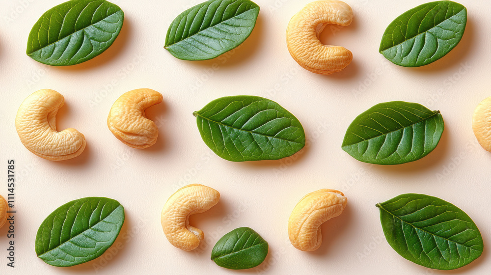 Cashew nuts and green leaves arranged on light background create vibrant and fresh composition. This showcases natural beauty of these ingredients Cashew nuts and green leaves arranged on light background create vibrant and fresh composition. This showcases natural beauty of these ingredients
