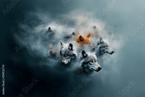 A pack of majestic wolves hunting intently on a moody indigo blue setting driven by instinct and pack cohesion photo