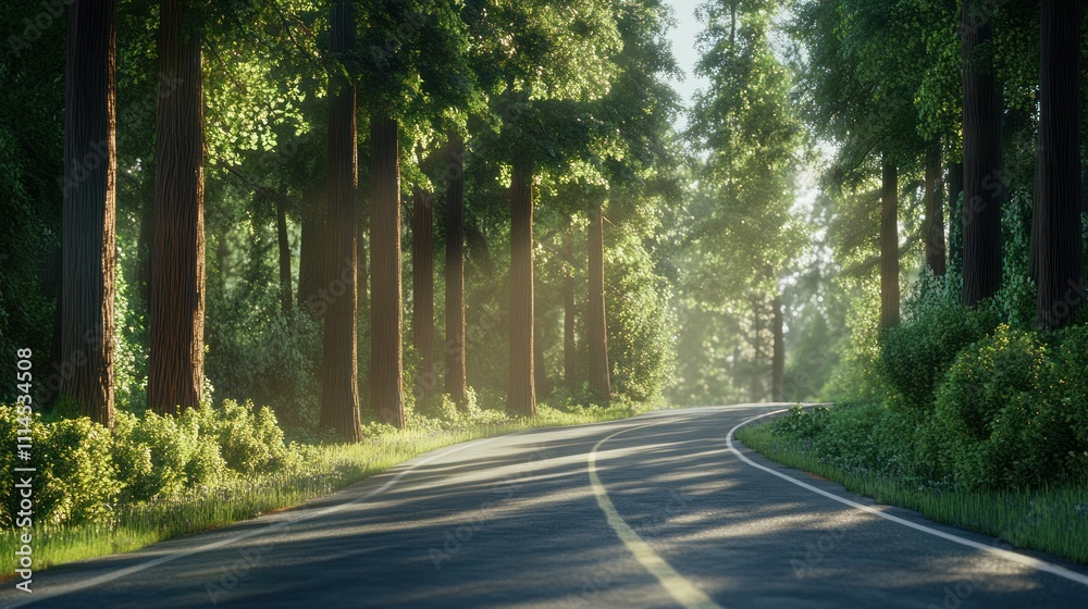 Fototapeta premium The smooth asphalt road winds through a dense forest of tall green trees background wallpaper AI generated image