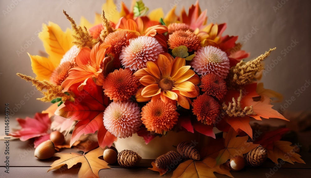 Fototapeta premium bouquet with orange and red leaves, chrysanthemums, acorns, and other fall flowers, set against a soft, neutral background.age