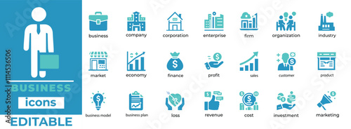 Editable business vector icons featuring market, finance, profit, sales, investment, marketing, organization and business models