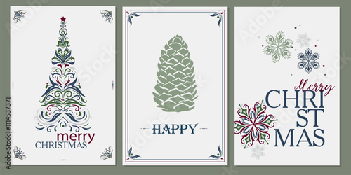 Traditional corporate holiday cards on a light background with a Christmas tree in forest shades made of swirls and monograms. pine cone, snowflakes, copy space. Universal artistic templates.