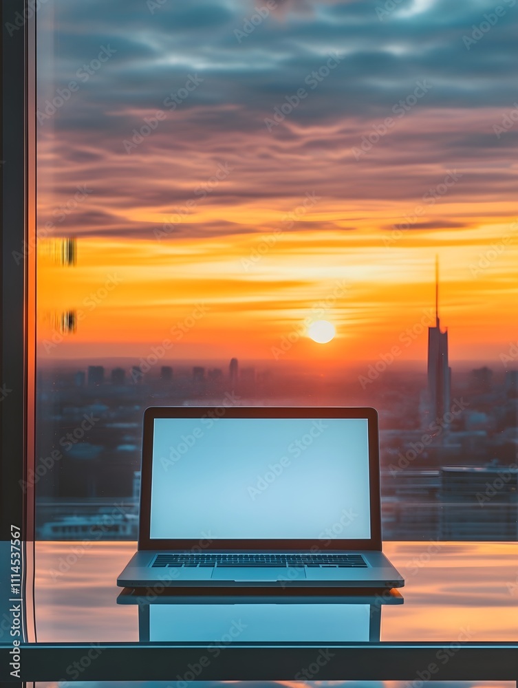 Fototapeta premium A laptop on a sleek metal desk in an urban apartment, with floor-to-ceiling windows showcasing a skyline view at sunset.