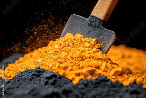 Closeup of glittering gold ore embedded in a dense tarnished quartz mineral matrix with a miner s pickaxe and tools nearby dramatic chiaroscuro lighting highlighting the textural surface details photo