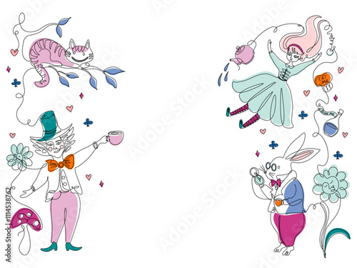 Alice in Wonderland background. Horizontal template with characters and symbols of famous fairy tale. Line art style design. Hand drawn vector illustration.
