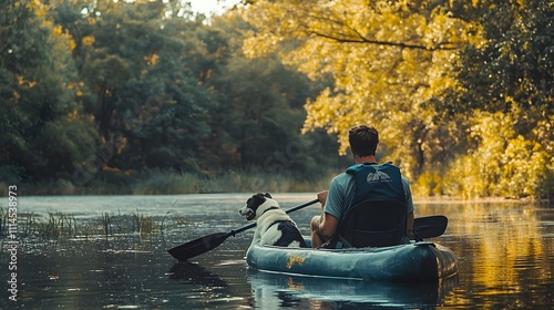 Man and his dog enjoy a peaceful afternoon kayaking on a serene river